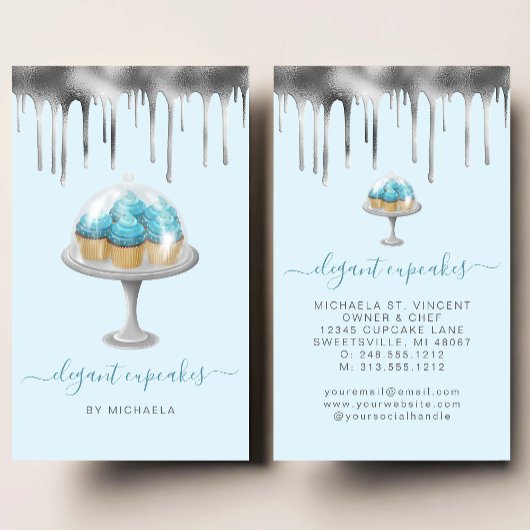 Cupcake Bakery Teal Faux Silver Foil Drip 名刺