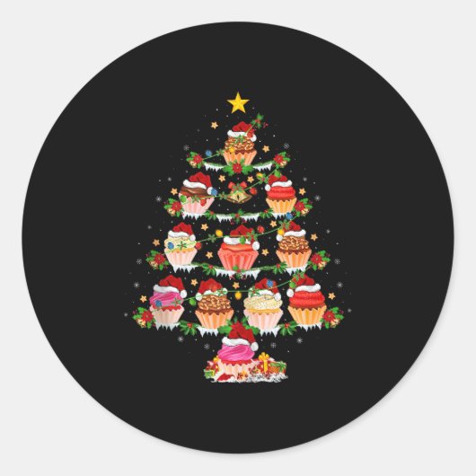 Cupcake Christmas Tree Lights Funny Fast Food Cupc ラウンドシール (正面)
