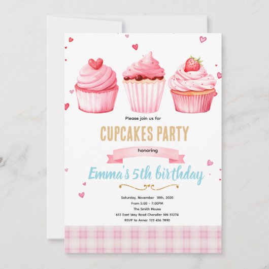 Cupcake pink party theme invitation 招待状 (正面)