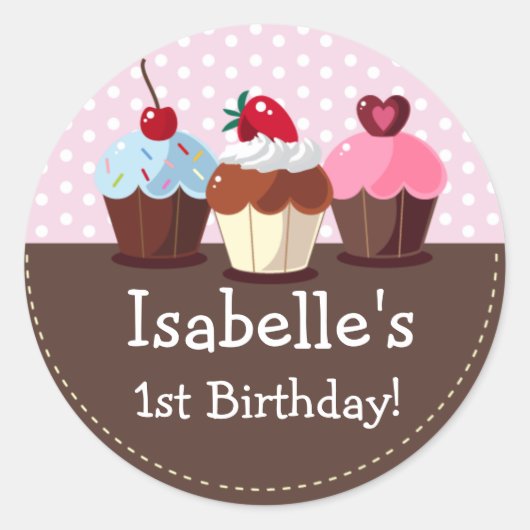 Cupcakesガーリー誕生日 ラウンドシール (正面)