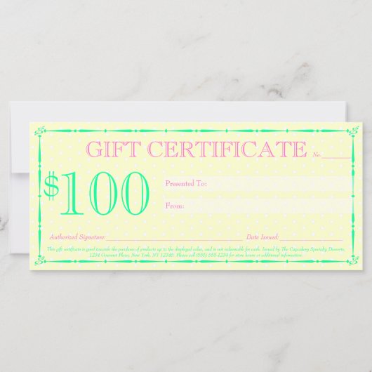 Cupcakes N Sprinklesカスタムギフト券 (裏面)