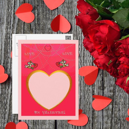 Cupidとハートフレームで写真を追加 ポストカード