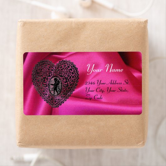 CUPID LACE HEART,FUCHSIA SILK CLOTH pink black ラベル (インサイチュ)