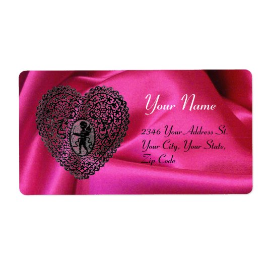 CUPID LACE HEART,FUCHSIA SILK CLOTH pink black ラベル (正面)