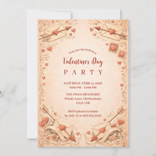 Cupid Love Letters Valentine Party 招待状 (正面)