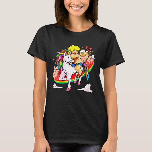 Cupid Riding Unicorn Valentine s Day Girls Kids Tシャツ (正面)