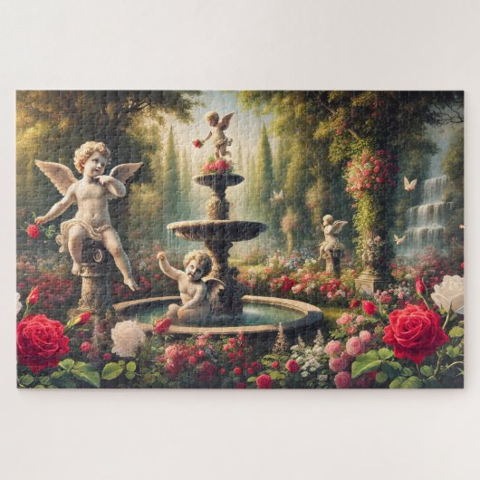Cupid's Garden Cherub and Rose Romantic Artwork ジグソーパズル (横)