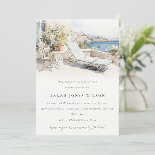 Curfuギリシャの水の色の風景ベビーシャワー 招待状 (スタンド正面)
