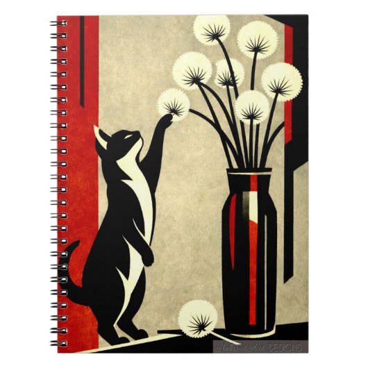 Curious Cat and Dandelions – Art Deco Style ノートブック (正面)
