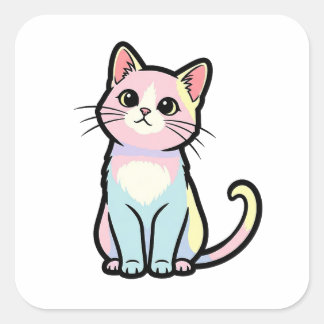 Curious Cat – Cute Kawaii Animal Illustration スクエアシール