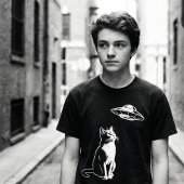 Curious Cat Watching UFO – Funny Alien Cat Sci-Fi Tシャツ