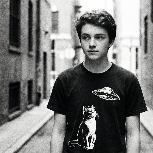 Curious Cat Watching UFO – Funny Alien Cat Sci-Fi Tシャツ