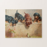 Curious Dachshund Puppies | Carl Reichert ジグソーパズル<br><div class="desc">Curious dachshund puppies and a frog | Carl Reichert’s charming painting Curious Dachshund Puppies and a Frog captures a playful moment, where four adorable dachshund puppies curiously gather around a small frog. The detailed depiction of the puppies’ expressive faces and lively postures, paired with the serene natural setting, creates a...</div>