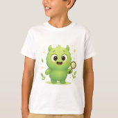 Curious Explorer Monster — Cute Green Kids Shirt Tシャツ (正面)