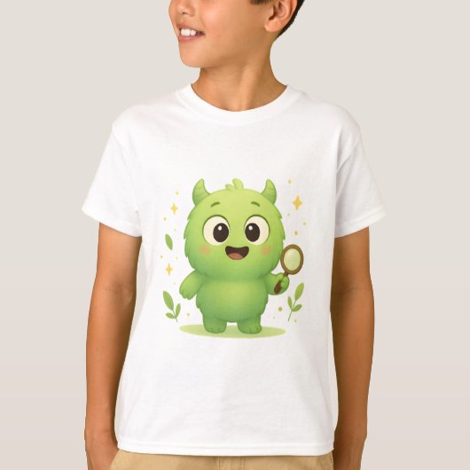 Curious Explorer Monster — Cute Green Kids Shirt Tシャツ (正面)