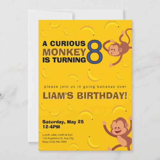 Curious Monkey Birthday Invite | Banana Jungle 招待状 (正面)