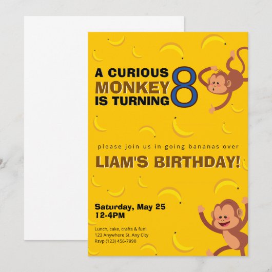 Curious Monkey Birthday Invite | Banana Jungle 招待状 (正面/裏面)