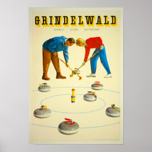Curling in Switzerland Vintage Poster ポスター