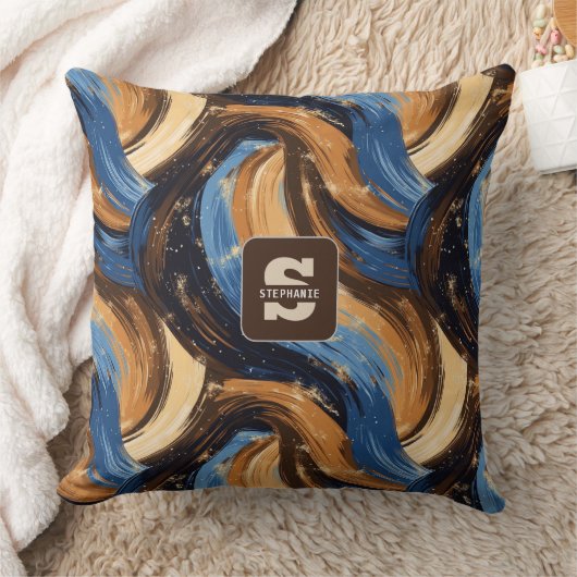 Curly Abstract Brushstrokes in Blue & Brown クッション (ブランケット)