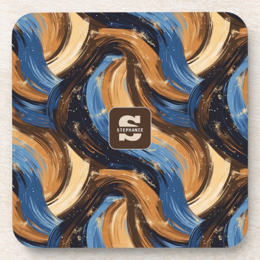 Curly Abstract Brushstrokes in Blue & Brown コースター (正面)