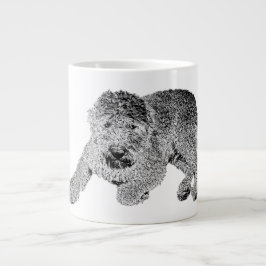 Curly Dog Portrait Mug – Lying Pose in Black & Whi ジャンボコーヒーマグカップ