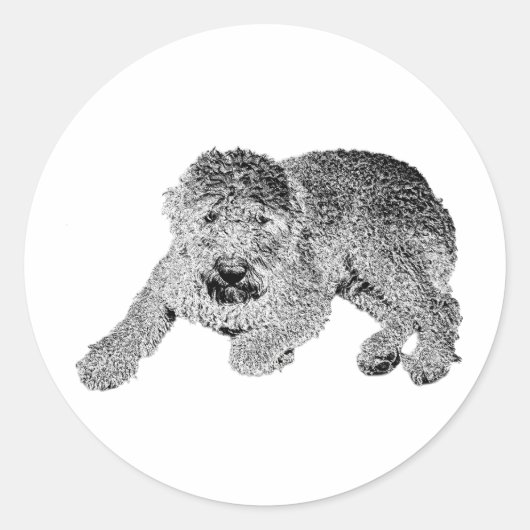 Curly Dog Sticker – Lying Dog in Ink Style ラウンドシール (正面)