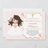 Curly haired Girl First Communion Soft Pink 招待状 (正面)