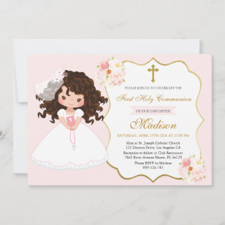 Curly haired Girl First Communion Soft Pink 招待状