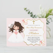 Curly haired Girl First Communion Soft Pink 招待状 (スタンド正面)