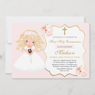 Curly haired Girl First Communion Soft Pink floral 招待状