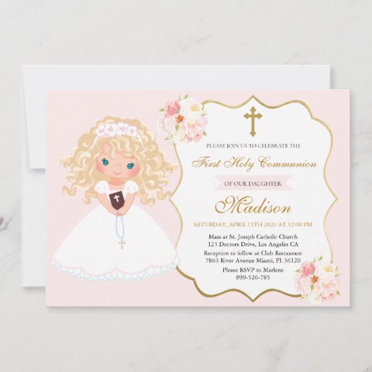 Curly haired Girl First Communion Soft Pink floral 招待状 (正面)
