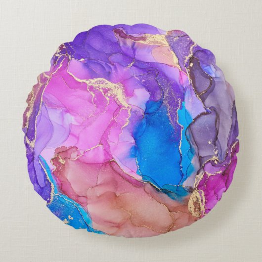Currents of translucent hues, snaking metallic swi ラウンドクッション (正面)