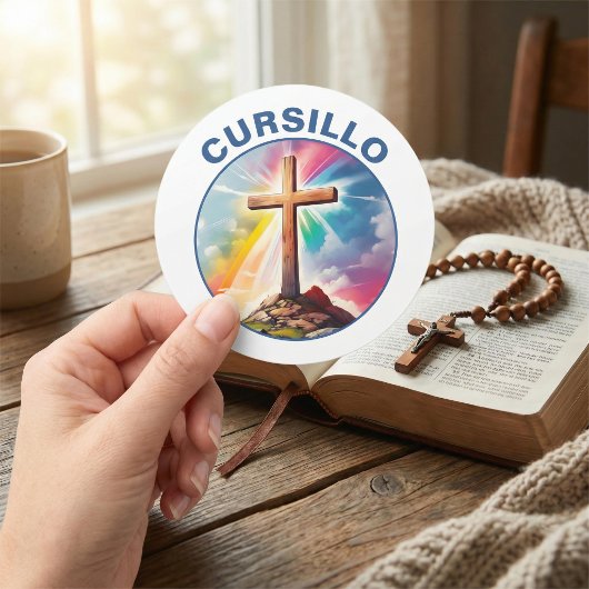 Cursillo Wood Cross With Rainbow and Clouds ラウンドシール
