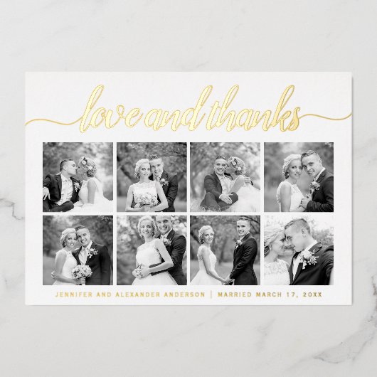 Cursiveスクリプトありがとう8枚のフォトコラージュ金ゴールド 箔シーズンカード (正面)