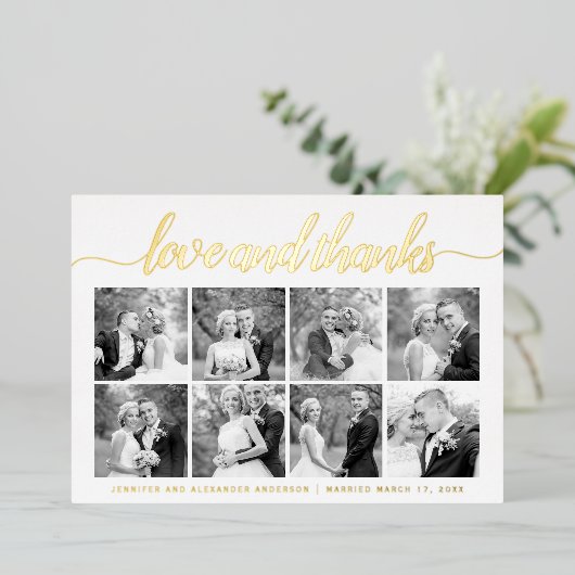 Cursiveスクリプトありがとう8枚のフォトコラージュ金ゴールド 箔シーズンカード (立ち正面)