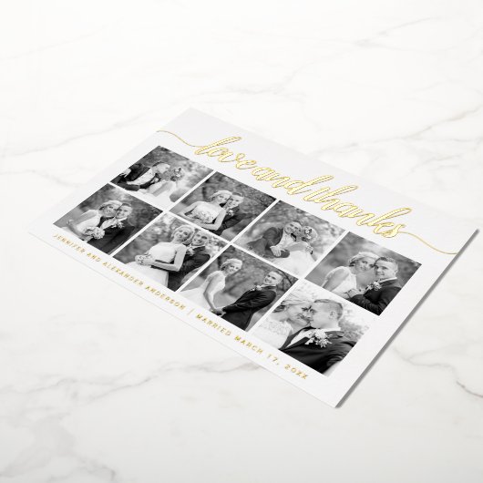 Cursiveスクリプトありがとう8枚のフォトコラージュ金ゴールド 箔シーズンカード (回転した状態)