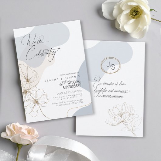 Cursive Floral 60th Anniversary Dusty Blue ID1168 招待状