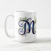 Cursive M – Elegant Blue & Gold Monogram コーヒーマグカップ (左)