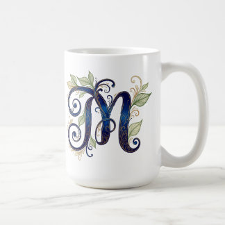 Cursive M – Elegant Blue & Gold Monogram コーヒーマグカップ