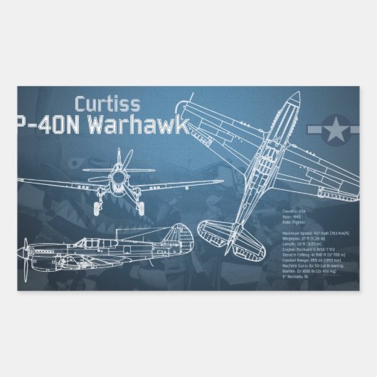 Curtiss P-40ワルホーク青写真 長方形シール (正面)