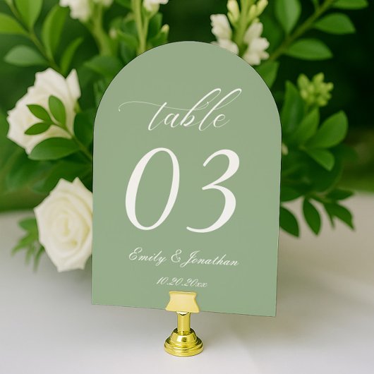 Curved Sage Green Wedding Table Number 招待状