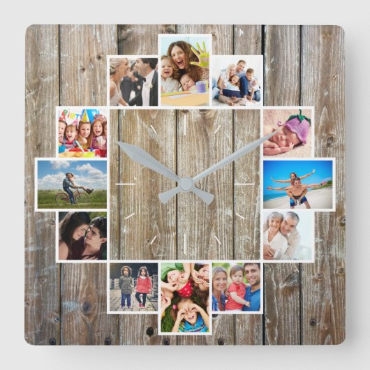 Custom 12 Family Photo Collage Rustic Farmhouse スクエア壁時計 (正面)