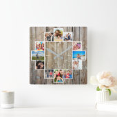 Custom 12 Family Photo Collage Rustic Farmhouse スクエア壁時計 (ホーム)