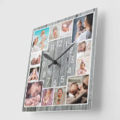 Custom 12 Family Photo Collage Rustic Gray Wood スクエア壁時計 (傾斜)