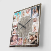 Custom 12 Family Photo Collage Rustic Wood   スクエア壁時計 (傾斜)