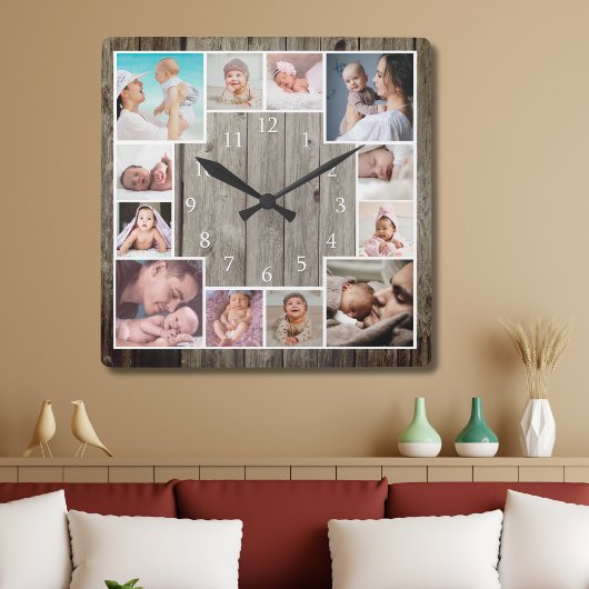 Custom 12 Family Photo Collage Rustic Wood   スクエア壁時計