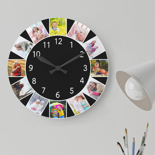 Custom 12 Photo Collage Black Round ラージ壁時計