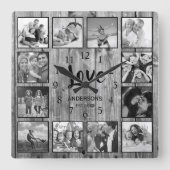 Custom 12 Photo Collage Family Love Reclaimed Wood スクエア壁時計 (正面)