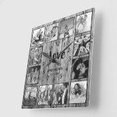 Custom 12 Photo Collage Family Love Reclaimed Wood スクエア壁時計 (傾斜)