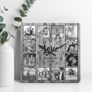 Custom 12 Photo Collage Family Love Reclaimed Wood スクエア壁時計